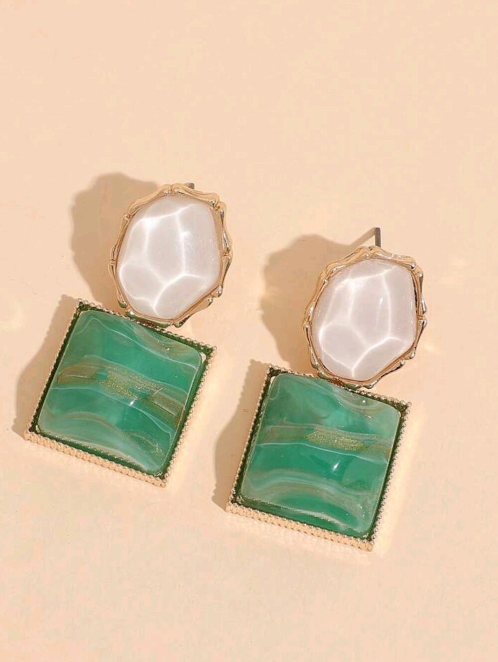Gold-Tone Green & White Statement Drop Earrings